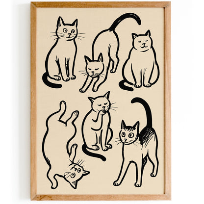 Six Funny Cats Poster - Black Ink Sketch Wall Art Print