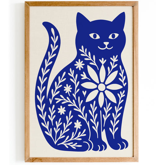 Cute Blue Cat with Floral Pattern Poster
