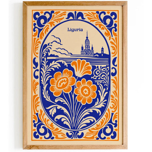 Liguria Italy Blue & Orange Rococo Style Poster
