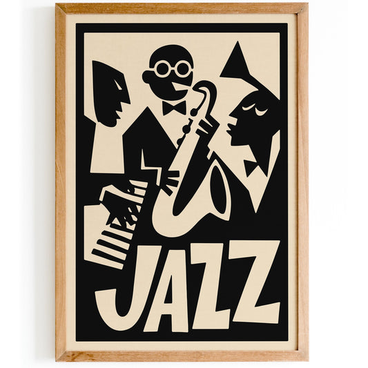 Black Retro Jazz Music Poster - Funny Cubist Music Art Print