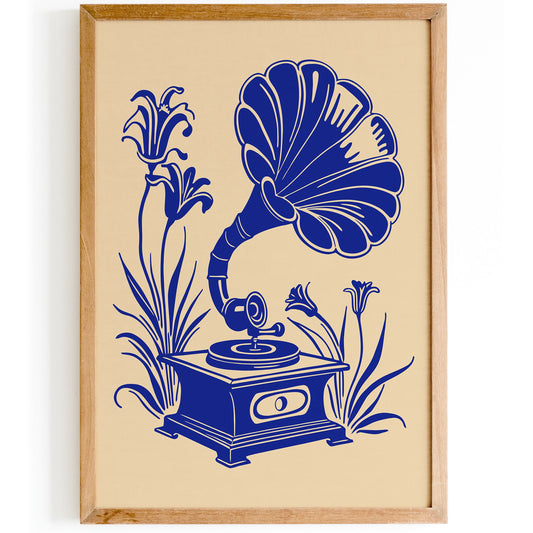 Blue Gramophone in Flowers Vintage Style Art Print