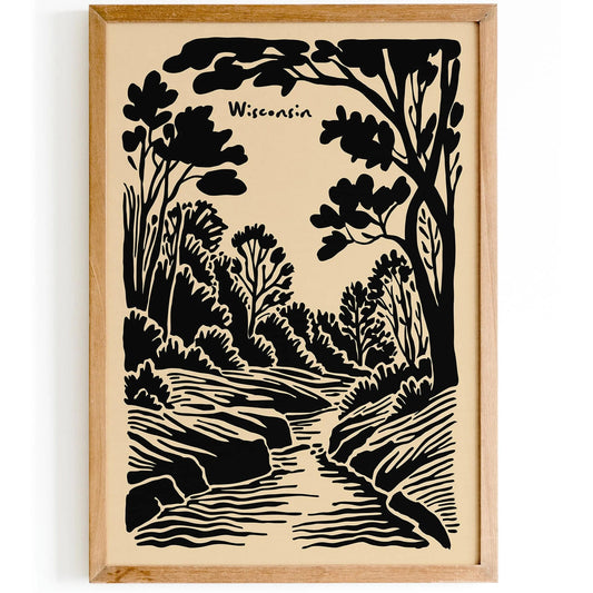 Wisconsin Nature Travel Black Ink Style Poster