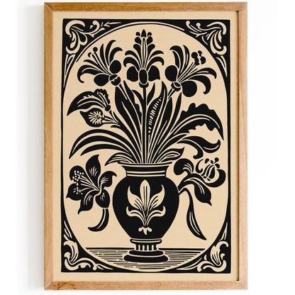Black Flowers in Vase Poster – Elegant Rococo Wall Art Decor