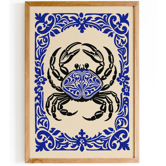 Blue Floral Crab Animal Poster in Rococo Style