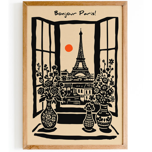 Bonjour Paris Eiffel Tower Vintage Travel Poster
