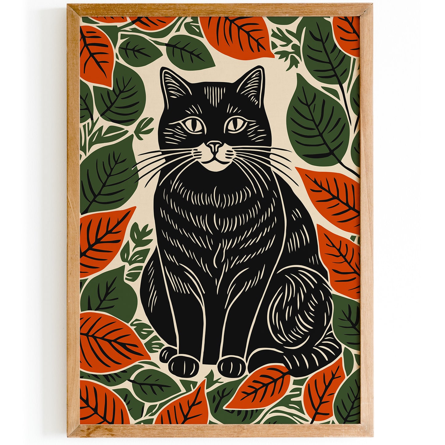 Black Cat in Fall Leaves Art Print 2025