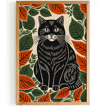Black Cat in Fall Leaves Art Print 2025