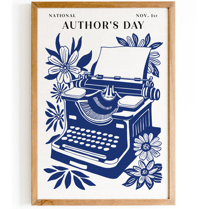National Authors Day Typewriter Poster – Navy Blue Literary Wall Art Print