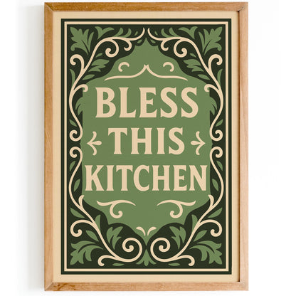 Green Kitchen Poster - Bless This Kitchen Art