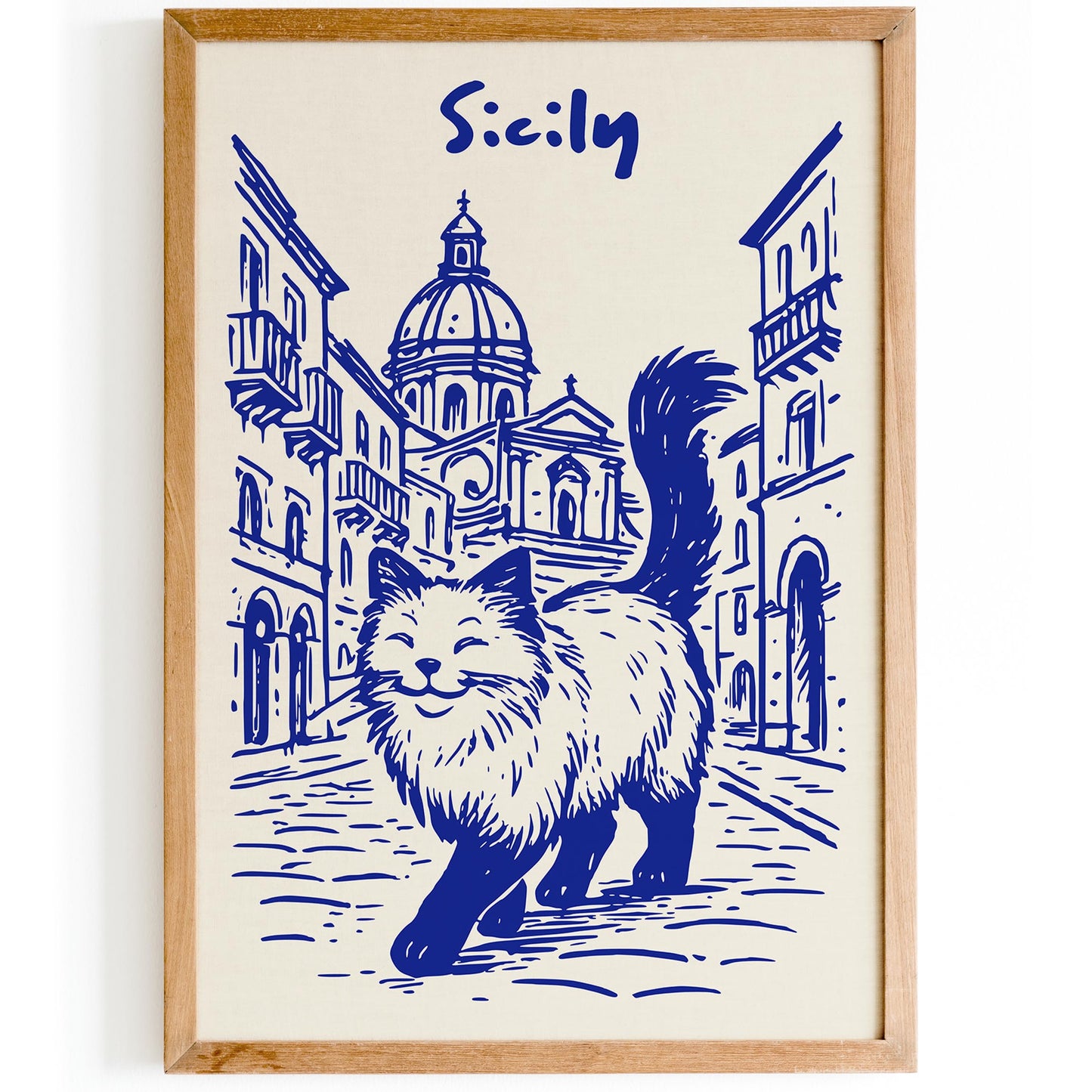 Sicily Blue Poster - Funny Cat Walking in Italy