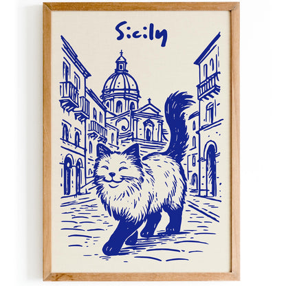 Sicily Blue Poster - Funny Cat Walking in Italy