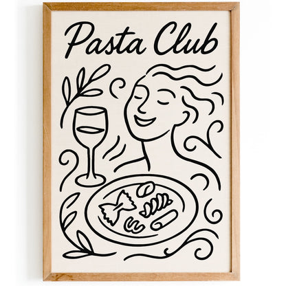Pasta Club Poster - BW Line Art Italian Food Art Print