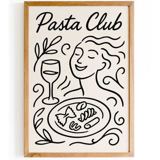 Pasta Club Poster - BW Line Art Italian Food Art Print