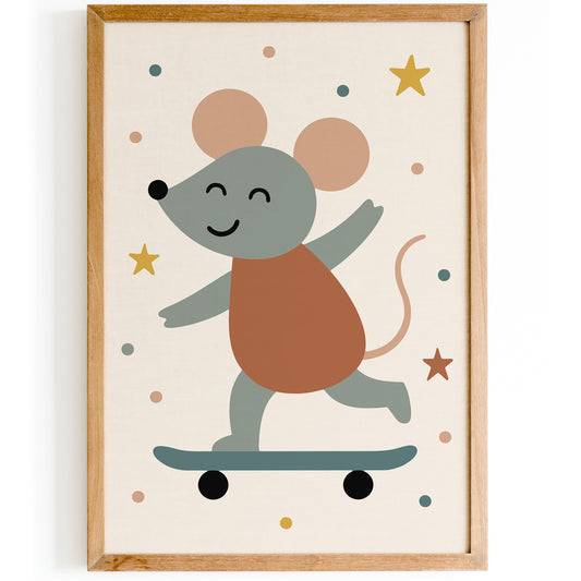 Cute Mouse Skateboarding Art Print – Kids Room Decor