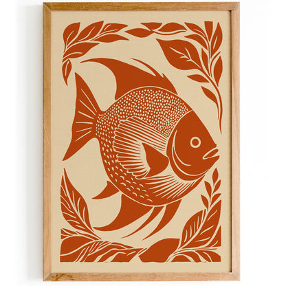 Vintage Linocut Fish Print - Retro Wall Art