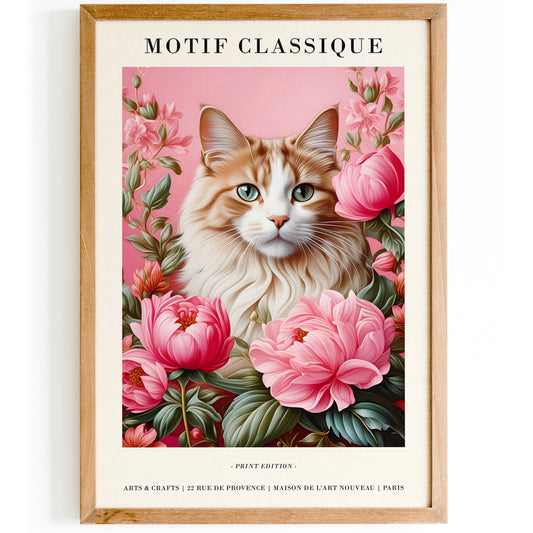 Cute Pink Cat Portrait in Art Nouveau Style Wall Art