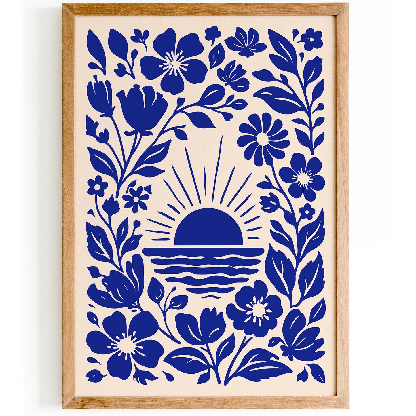 Blue Sunset & Flowers Poster – Botanical Nature Wall Art Print