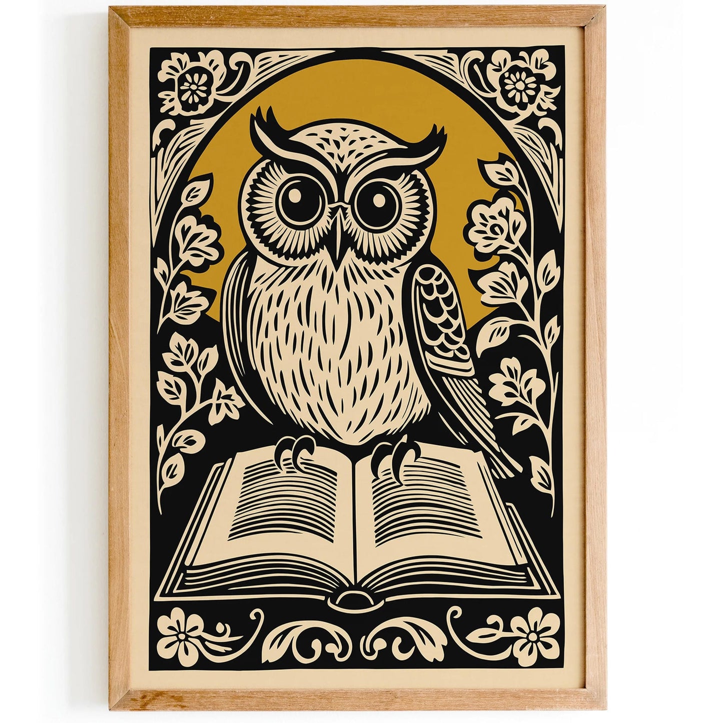 Vintage Owl with Book Linocut Style Print