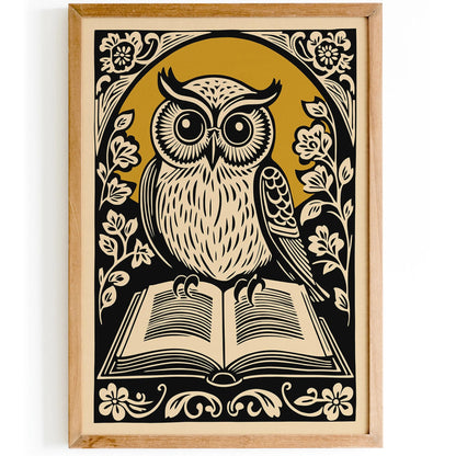 Vintage Owl with Book Linocut Style Print