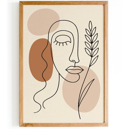 Neutral Boho Woman Face Line Art Print