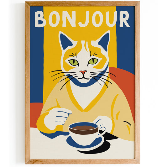 Bonjour Cute Cat Wall Art Print