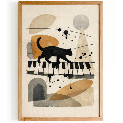 Black Cat on Piano Keyboard Art Print – Vintage Music Wall Art