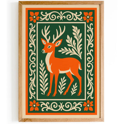 Rococo Deer Art Print - Green and Orange Nature Poster