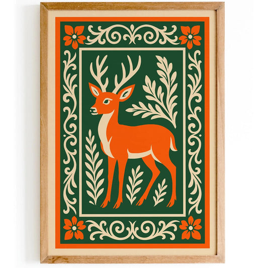 Rococo Deer Art Print - Green and Orange Nature Poster