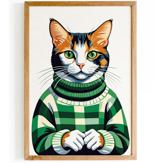 Cat in Green Sweater Print