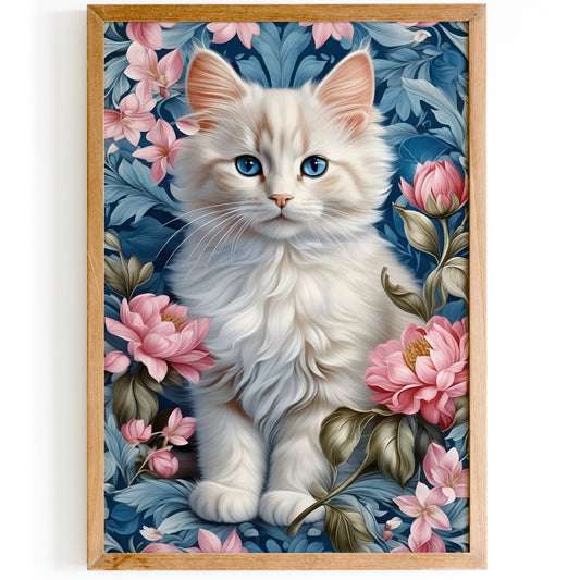 Cute White Cat in Blue Flowers Poster