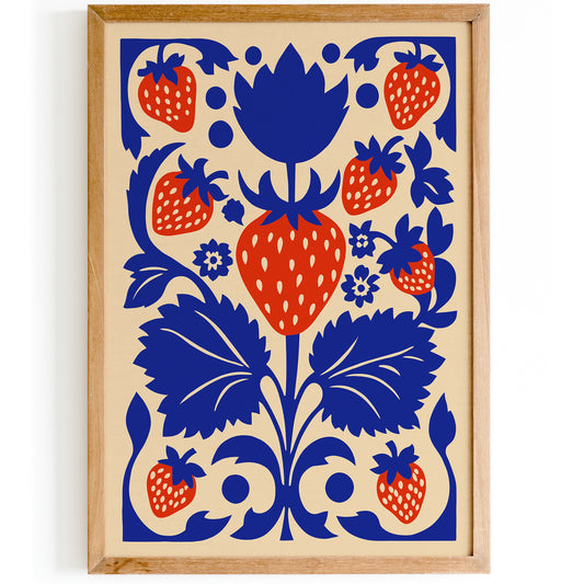 Blue and Red Strawberry Abstract Rococo Art Print