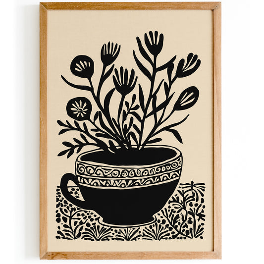 Black Ink Flowers Retro Art Print