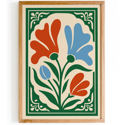 Blue and Red Floral Wall Art Print