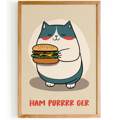 Funny Cartoon Cat with Hamburger Art Print