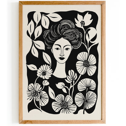 Plant Lady Portrait Black Ink Art Print