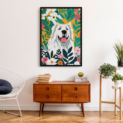 Joyful Dog Amidst Vibrant Blossoms Poster