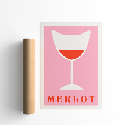 Merlot Pink Cat Wine Poster