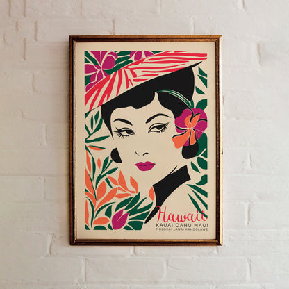 Hawaii Travel Poster with Woman Portrait