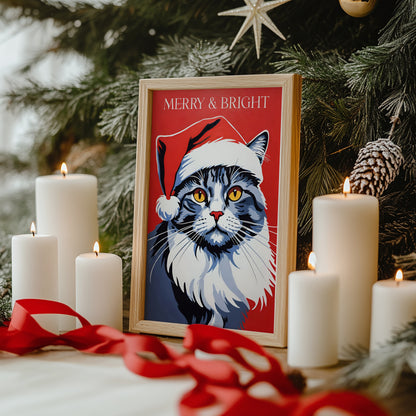 Santa Cute Cat Red Christmas Print