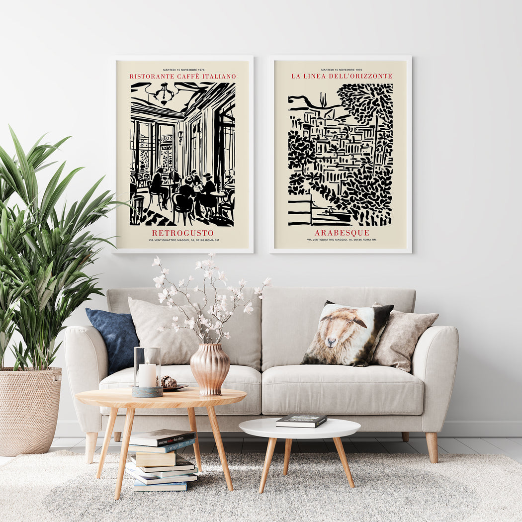 Set of 2 Italian Black Ink Painting Poster