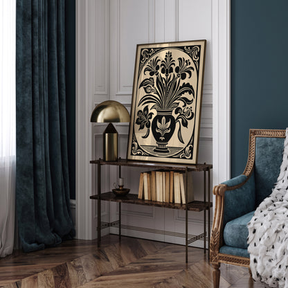 Black Flowers in Vase Poster – Elegant Rococo Wall Art Decor