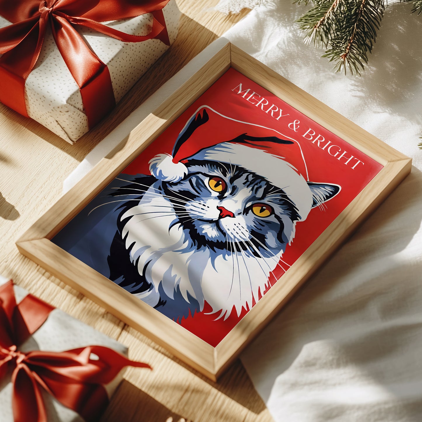 Santa Cute Cat Red Christmas Print