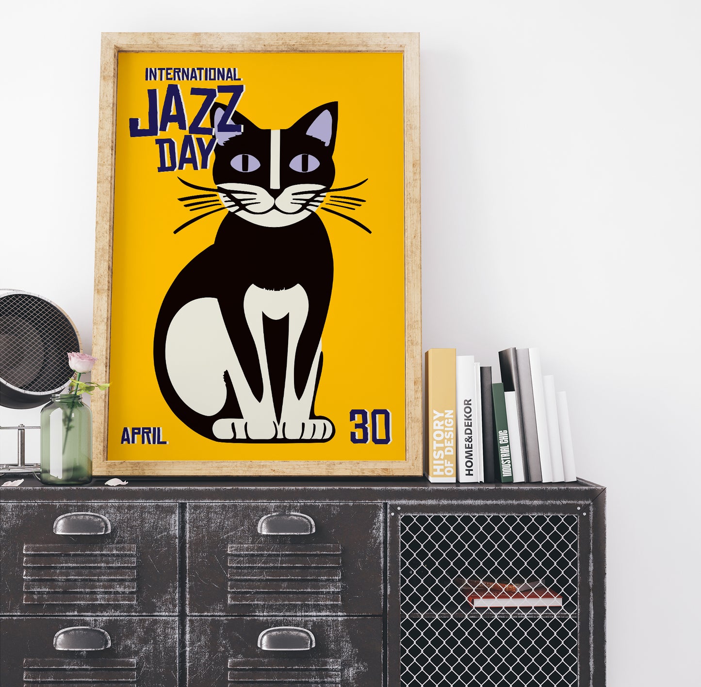 Jazz Day Yellow Poster with Funny Cat