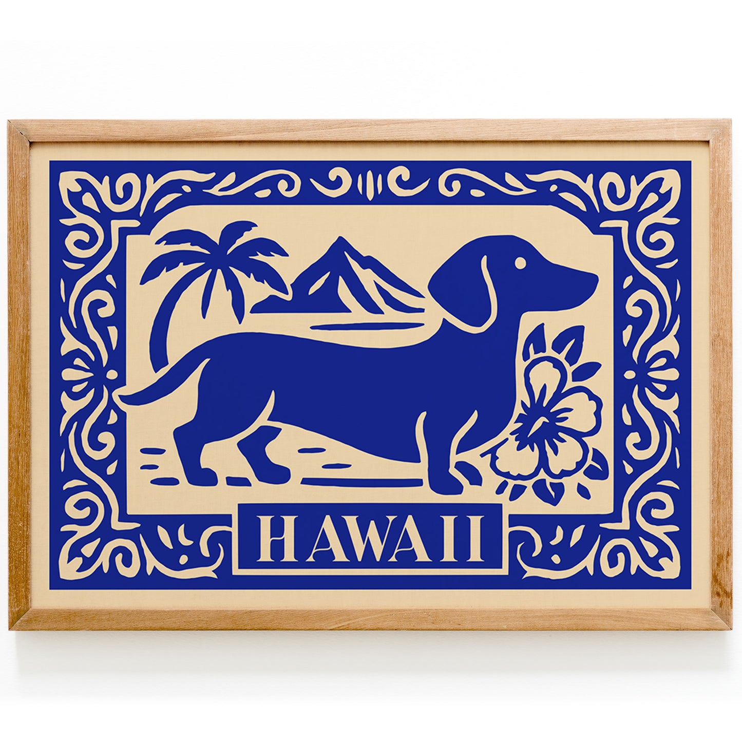 Dachshund Dog on Hawaii Poster - Blue Travel Print