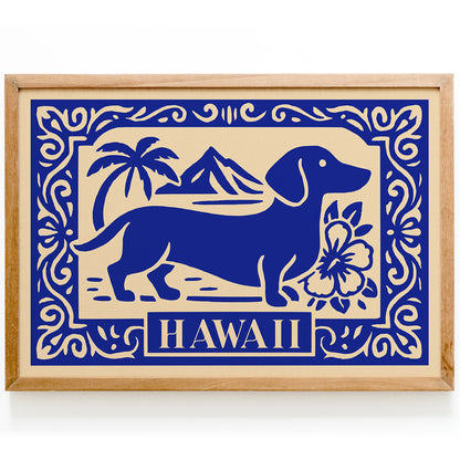 Dachshund Dog on Hawaii Poster - Blue Travel Print