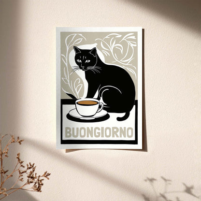 Buongiorno Cat Coffee Poster Print