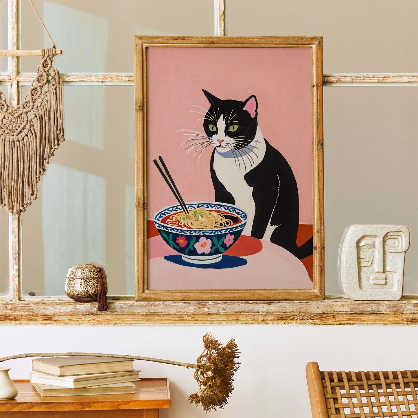 Pink Ramen Print With Black And White Cat