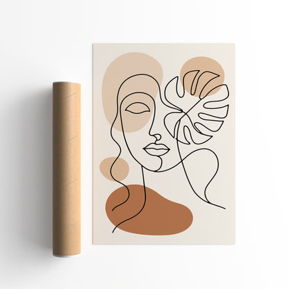Line Art Woman Face and Monstera Leaf Poster