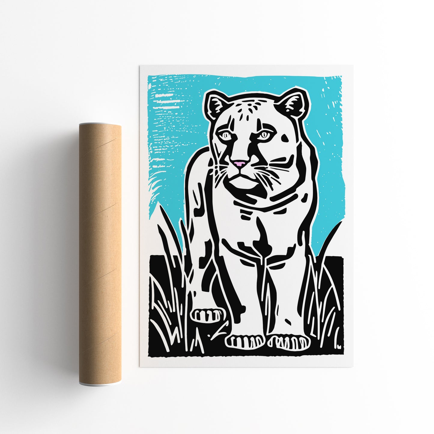 White Panther Linocut Art Poster