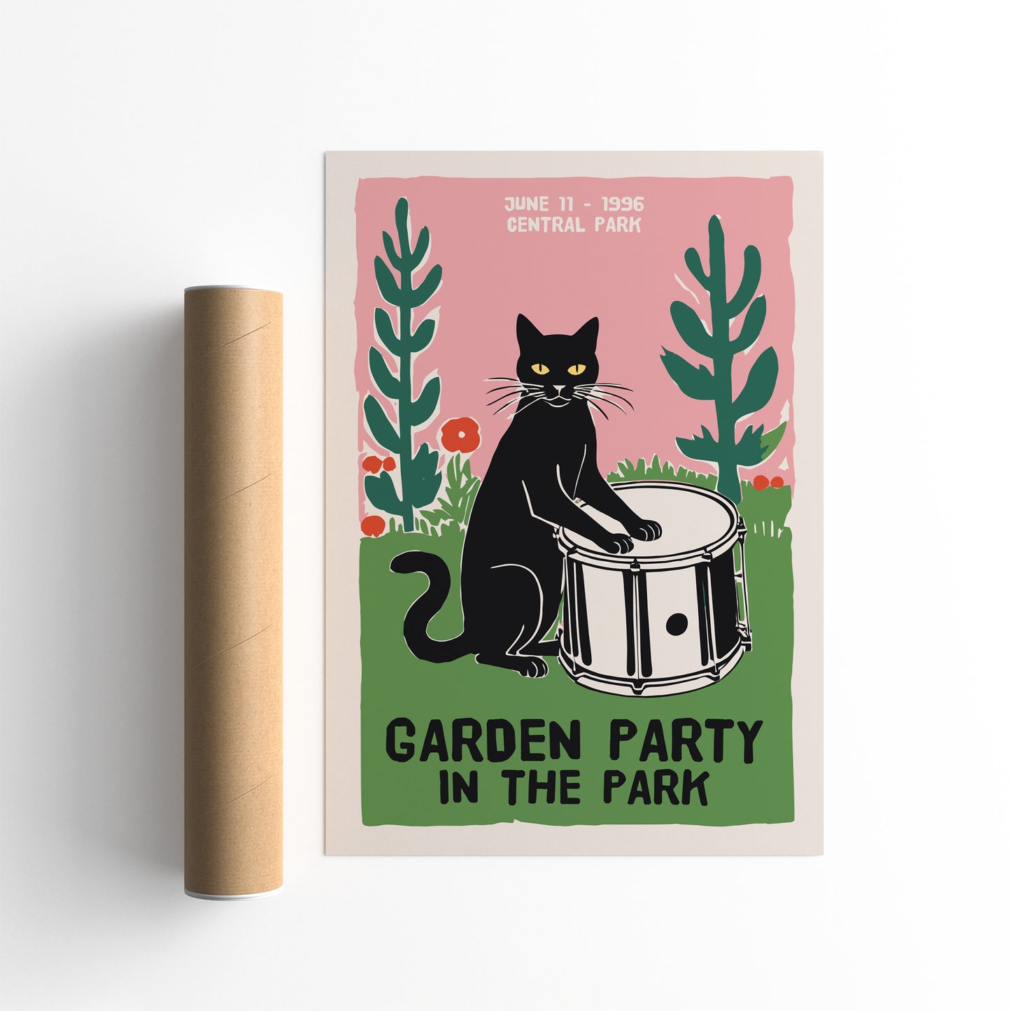 Garden Party Cat 1996 Floral Drum Print
